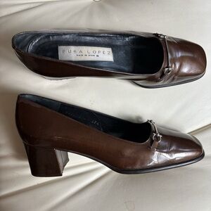 Vintage patent chocolate brown leather block heel pumps with horsebit buckle
